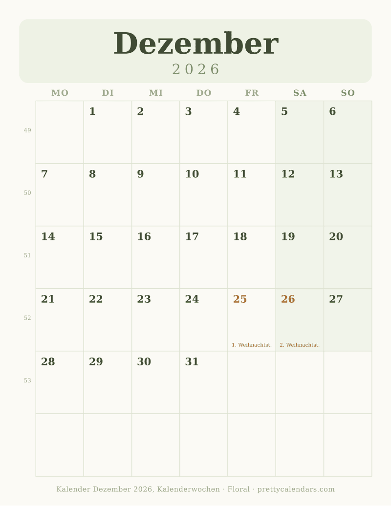 Dezember 2026 mit Kalenderwochen