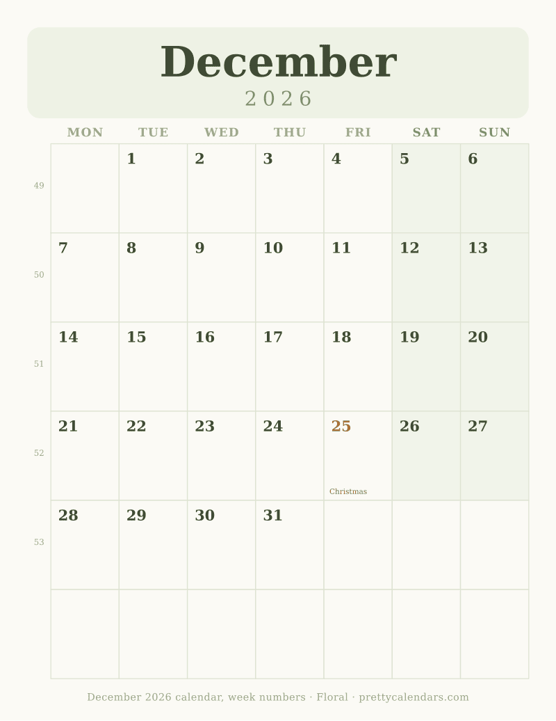 December 2026 with week numbers