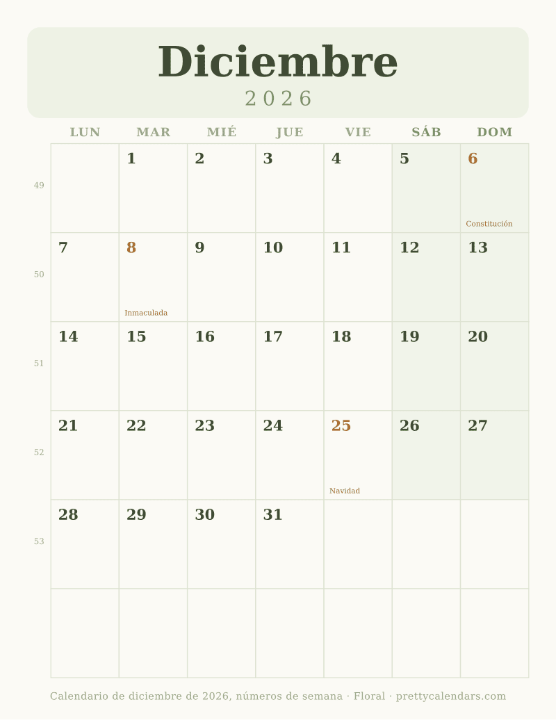 Diciembre 2026 con número de semana