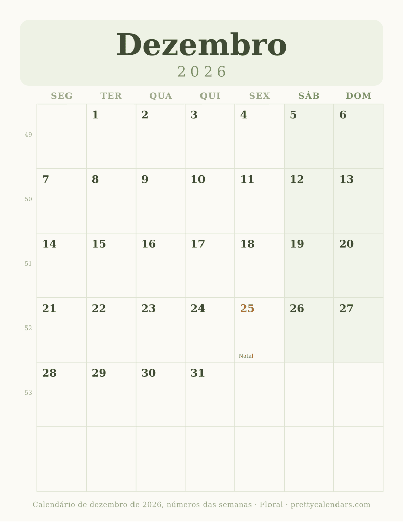 Dezembro 2026 com números das semanas