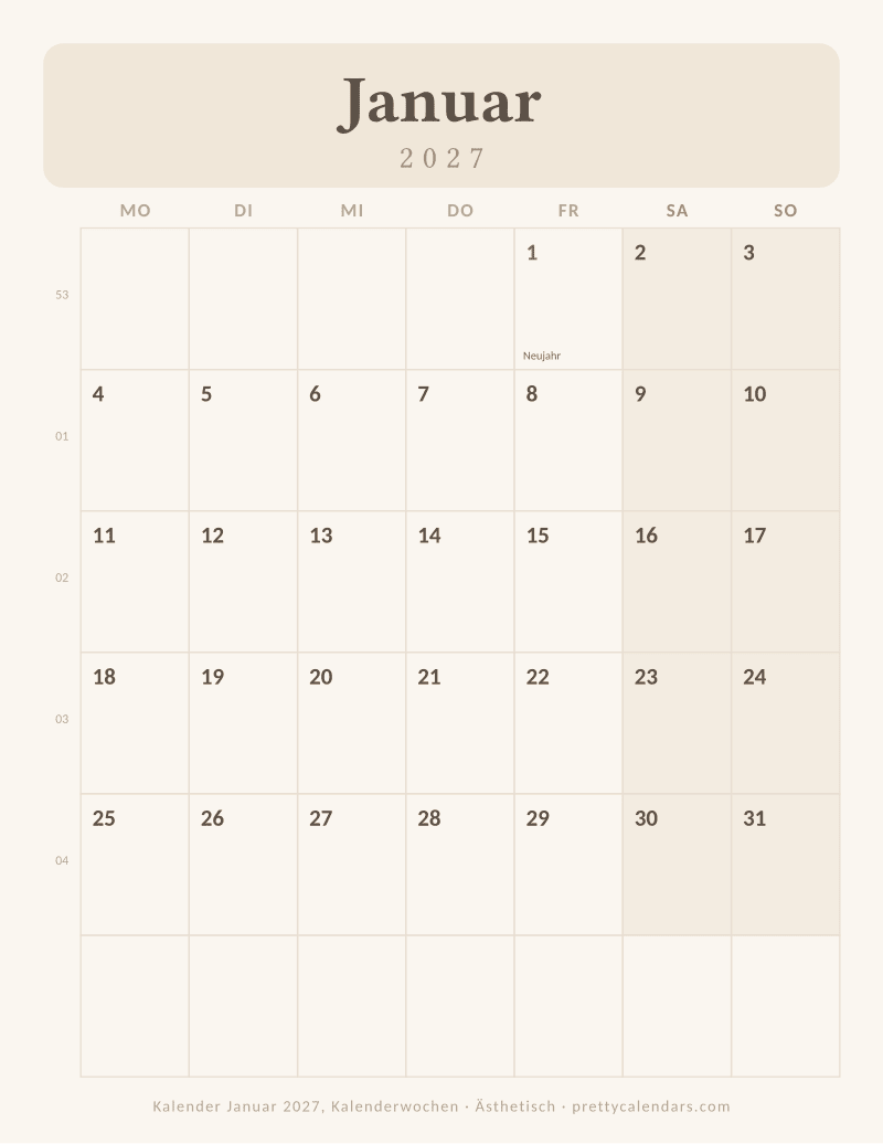 Januar 2027 mit Kalenderwochen