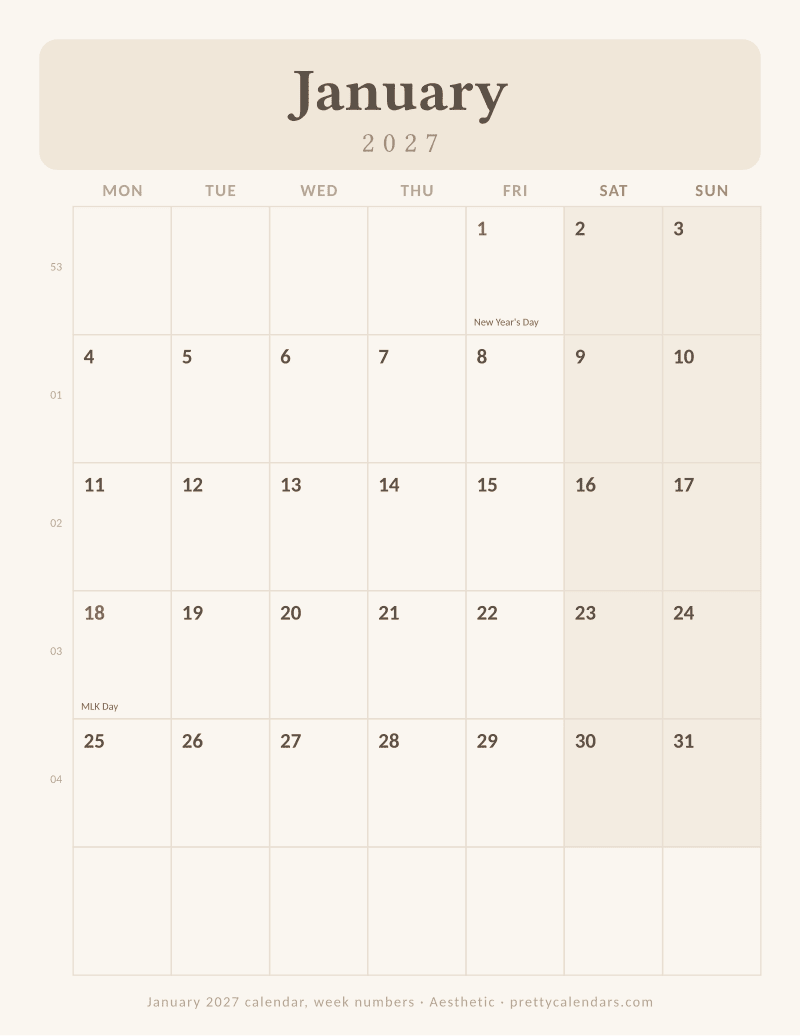 January 2027 with week numbers