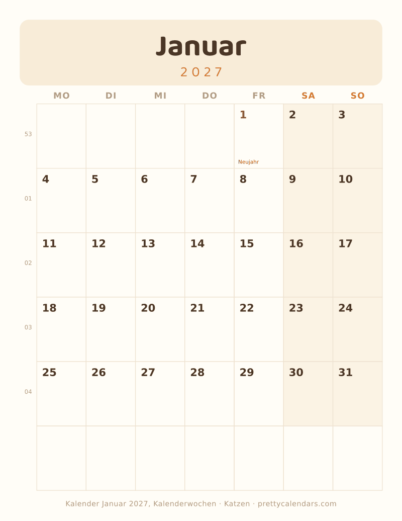 Januar 2027 mit Kalenderwochen