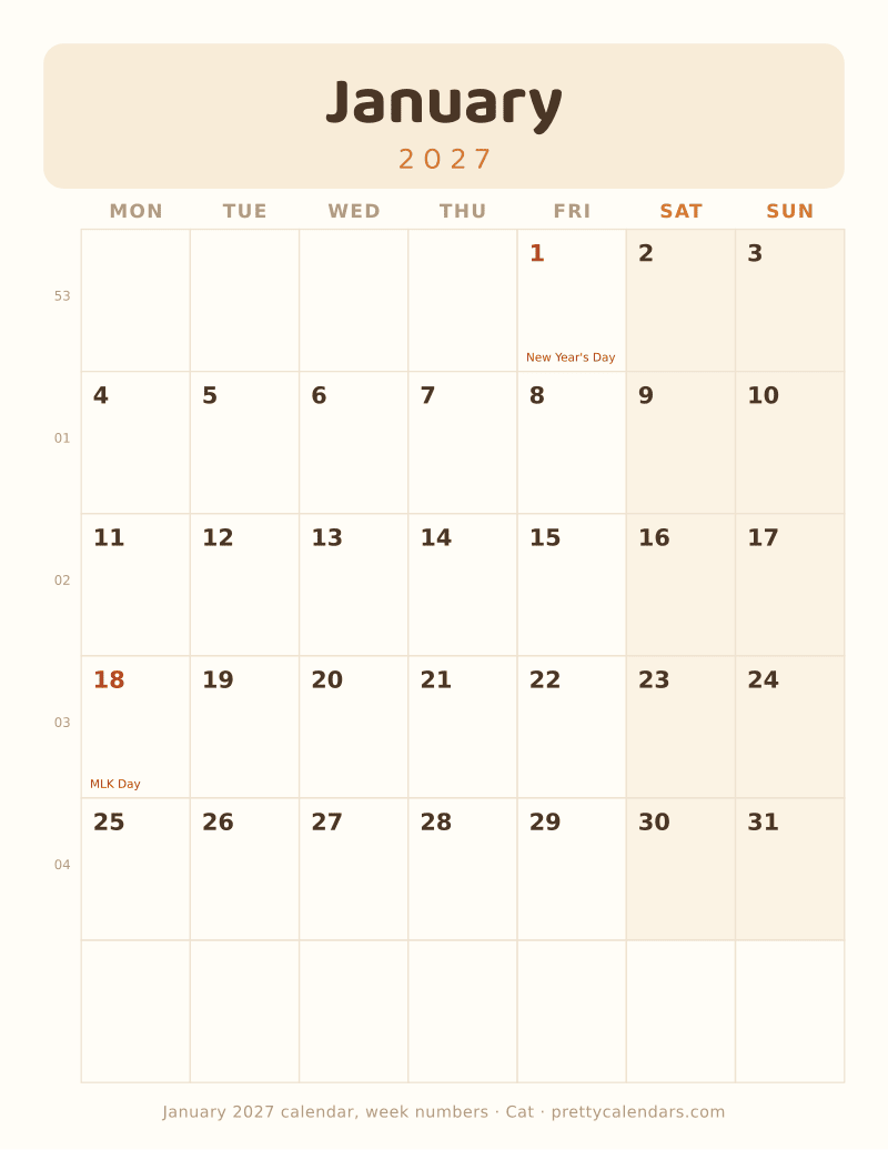 January 2027 with week numbers