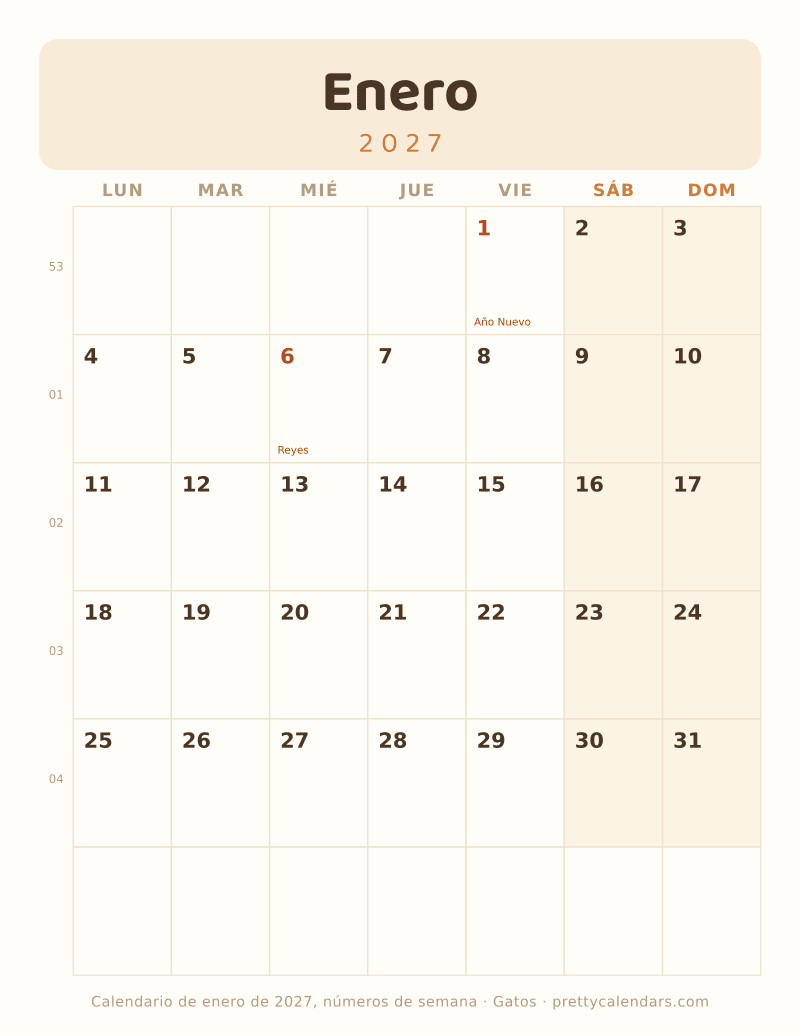 Enero 2027 con número de semana