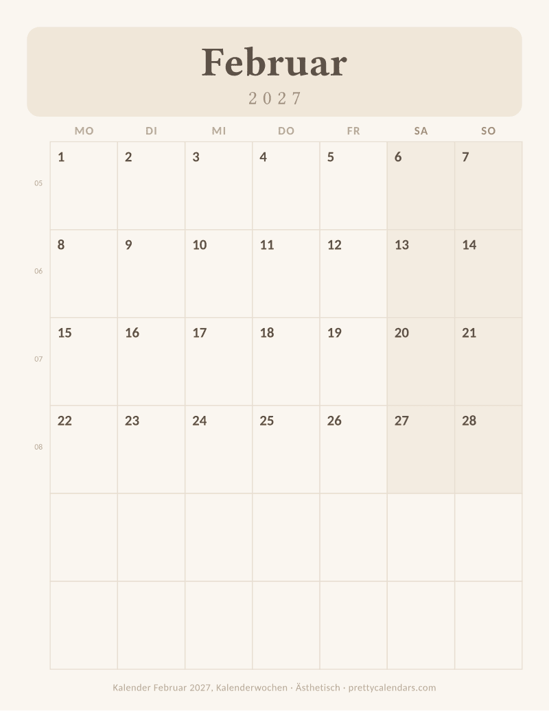 Februar 2027 mit Kalenderwochen