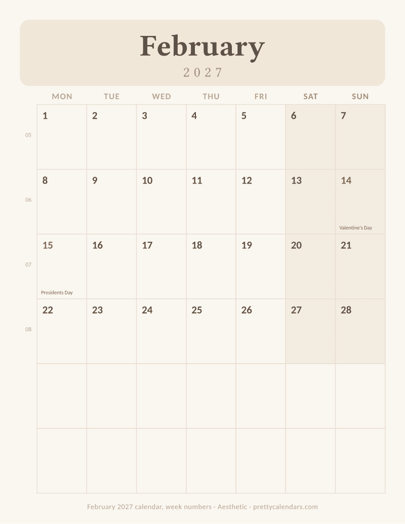 February 2027 with week numbers