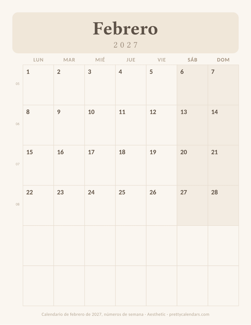 Febrero 2027 con número de semana