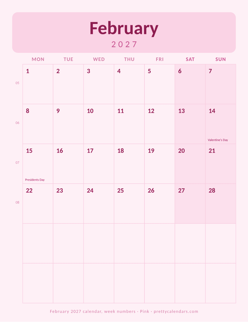 February 2027 with week numbers
