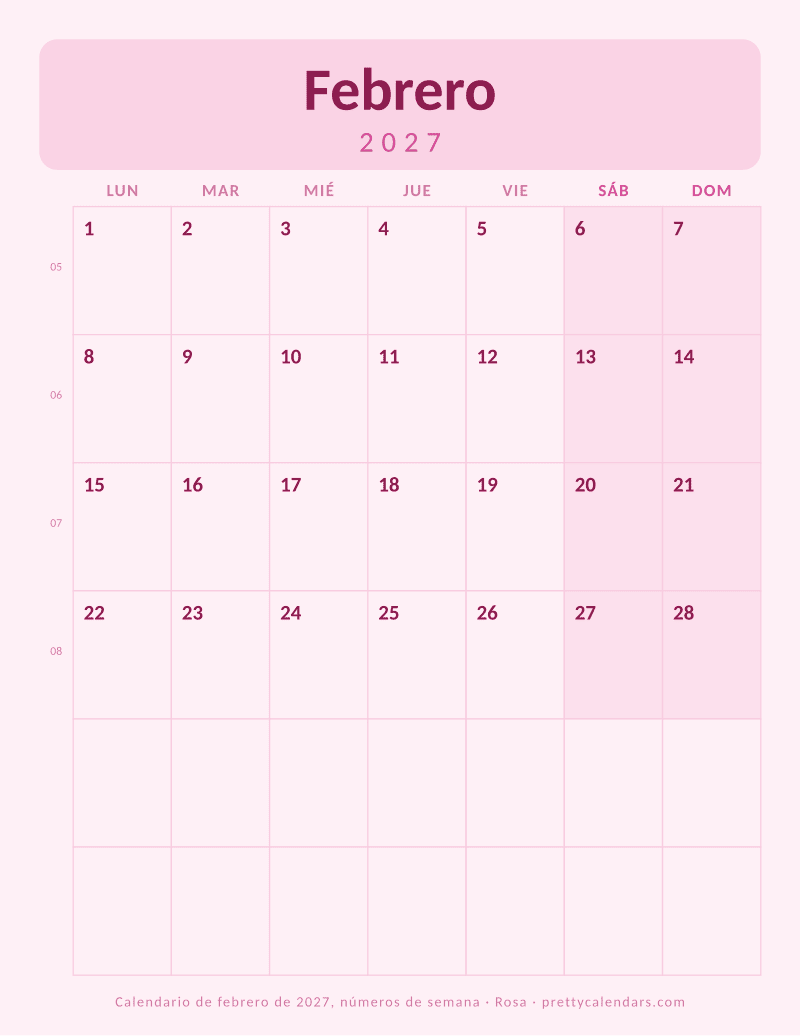 Febrero 2027 con número de semana