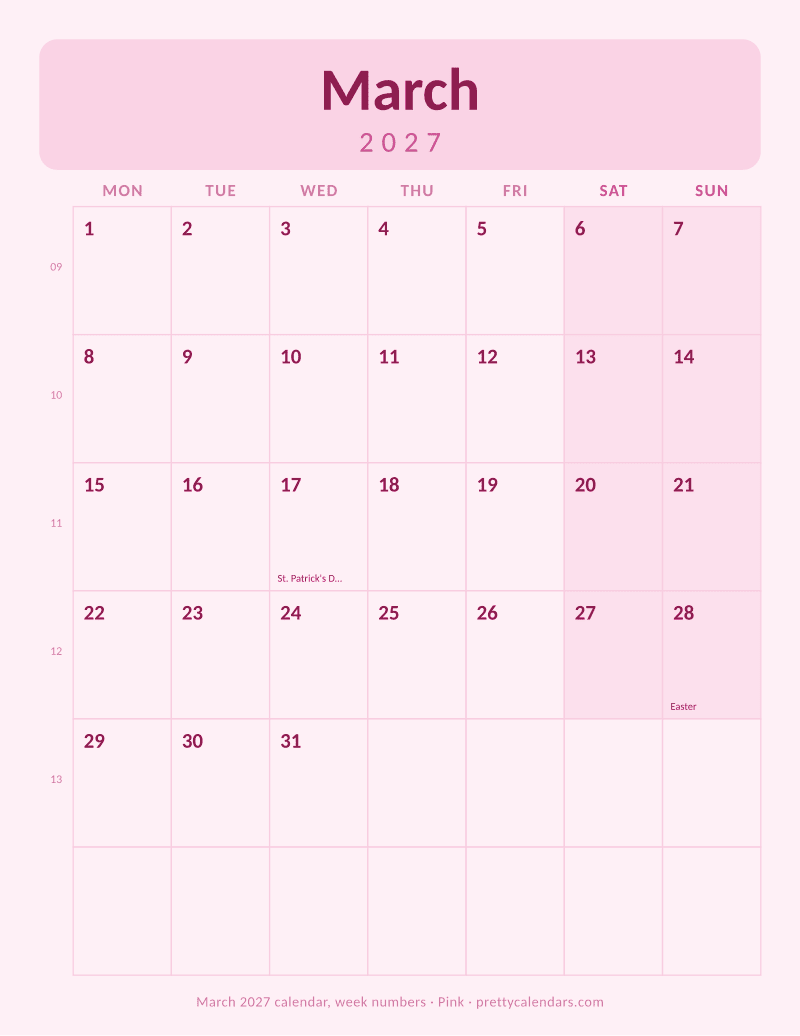 March 2027 with week numbers