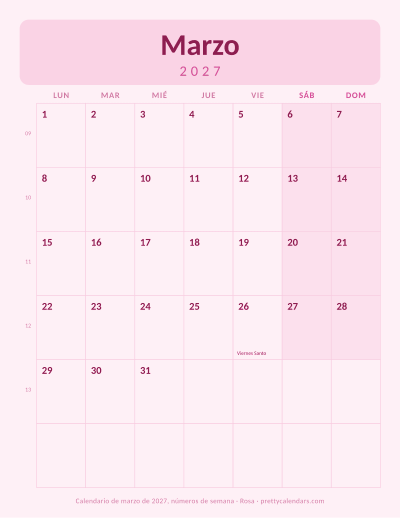 Marzo 2027 con número de semana