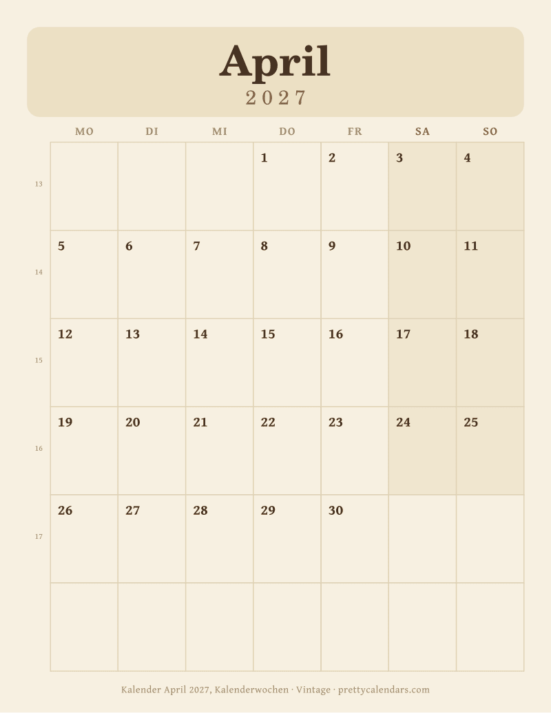 April 2027 mit Kalenderwochen
