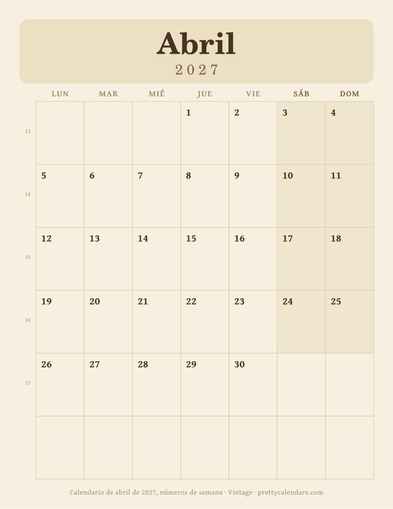 Abril 2027 con número de semana