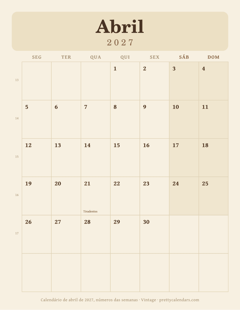 Abril 2027 com números das semanas
