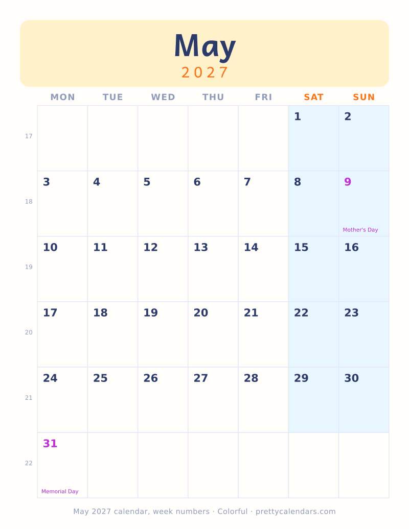 May 2027 with week numbers