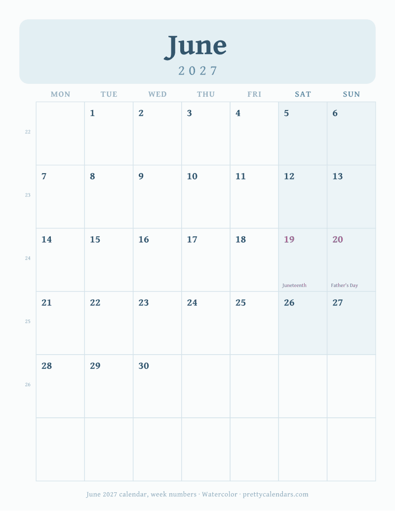 June 2027 with week numbers