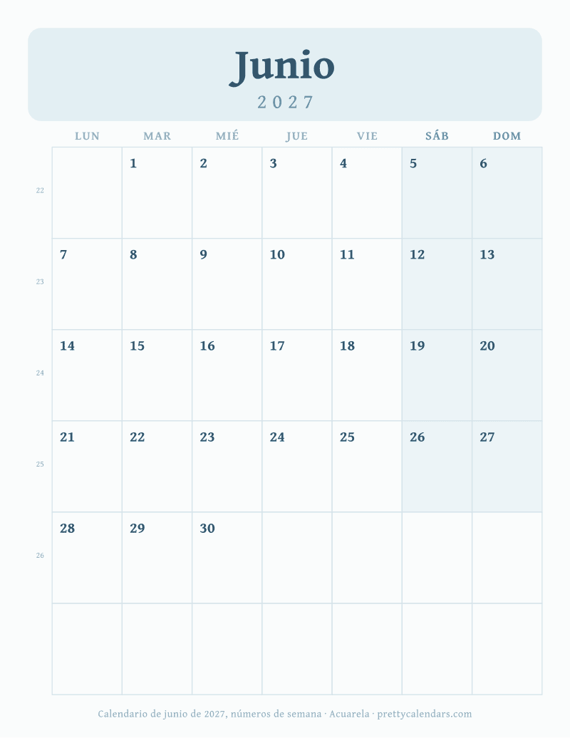 Junio 2027 con número de semana