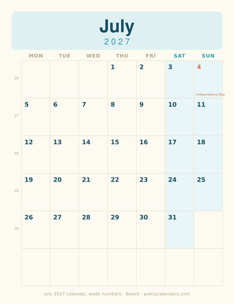 July 2027 with week numbers