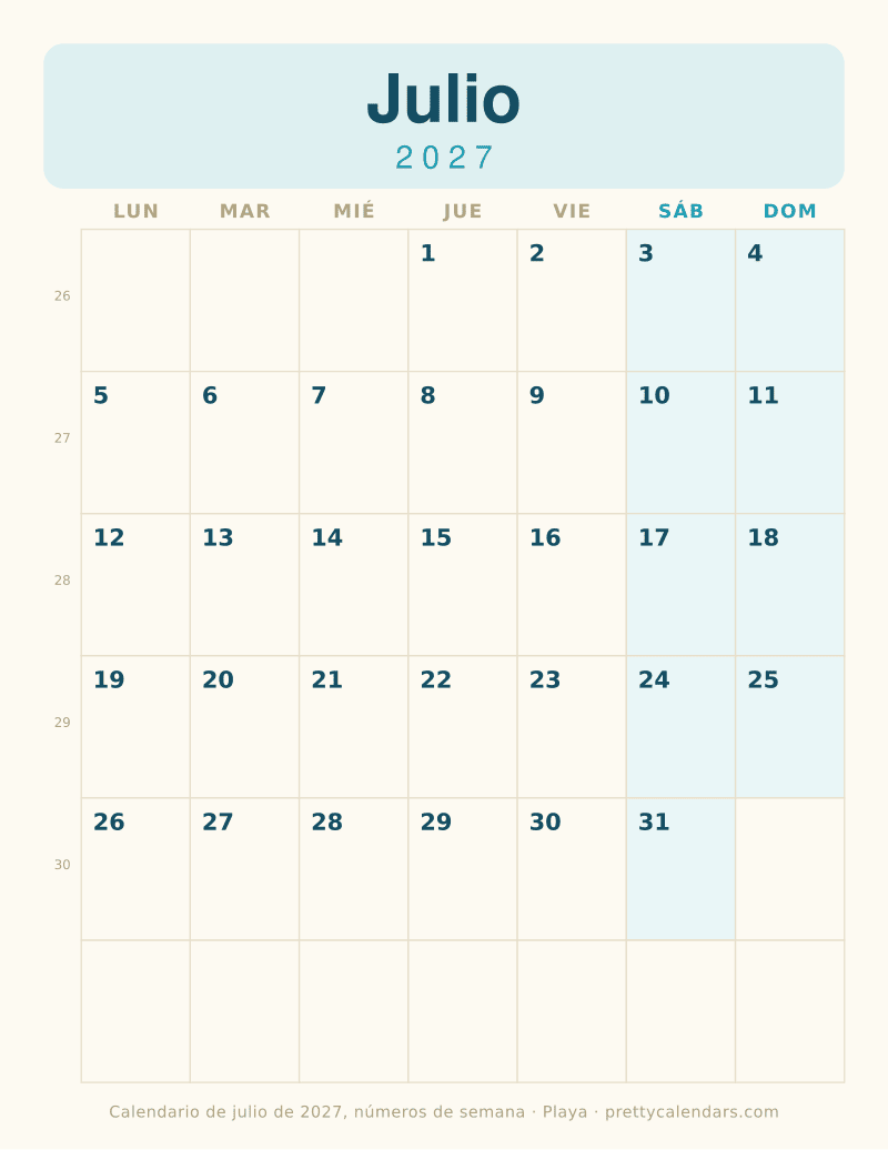 Julio 2027 con número de semana