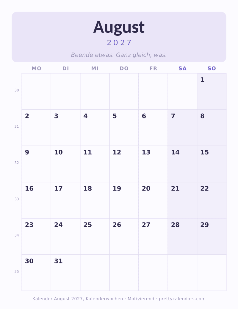 August 2027 mit Kalenderwochen