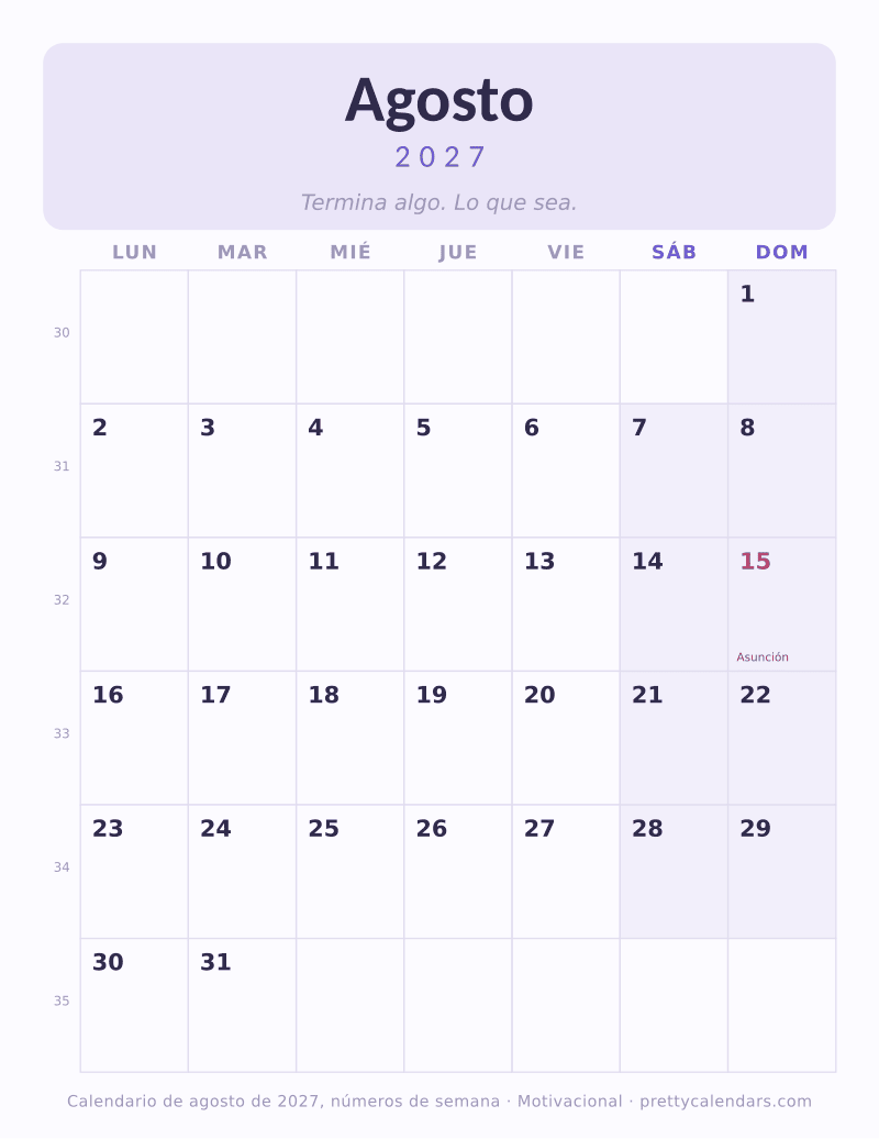 Agosto 2027 con número de semana