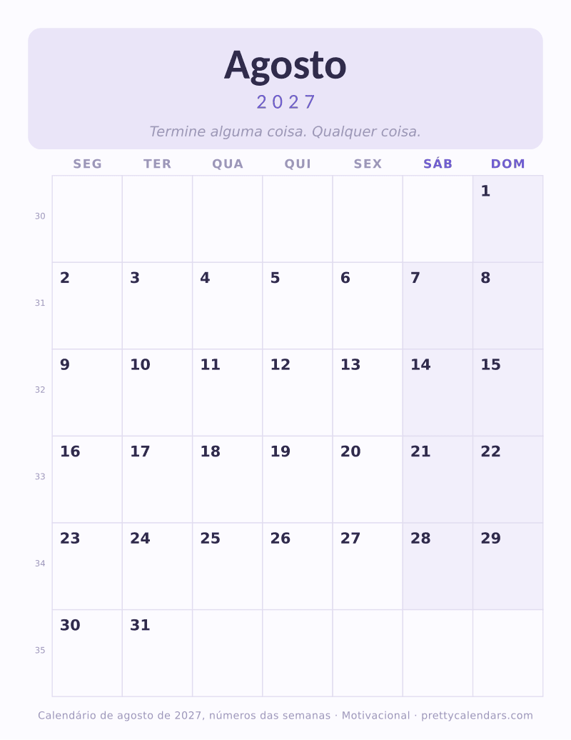 Agosto 2027 com números das semanas