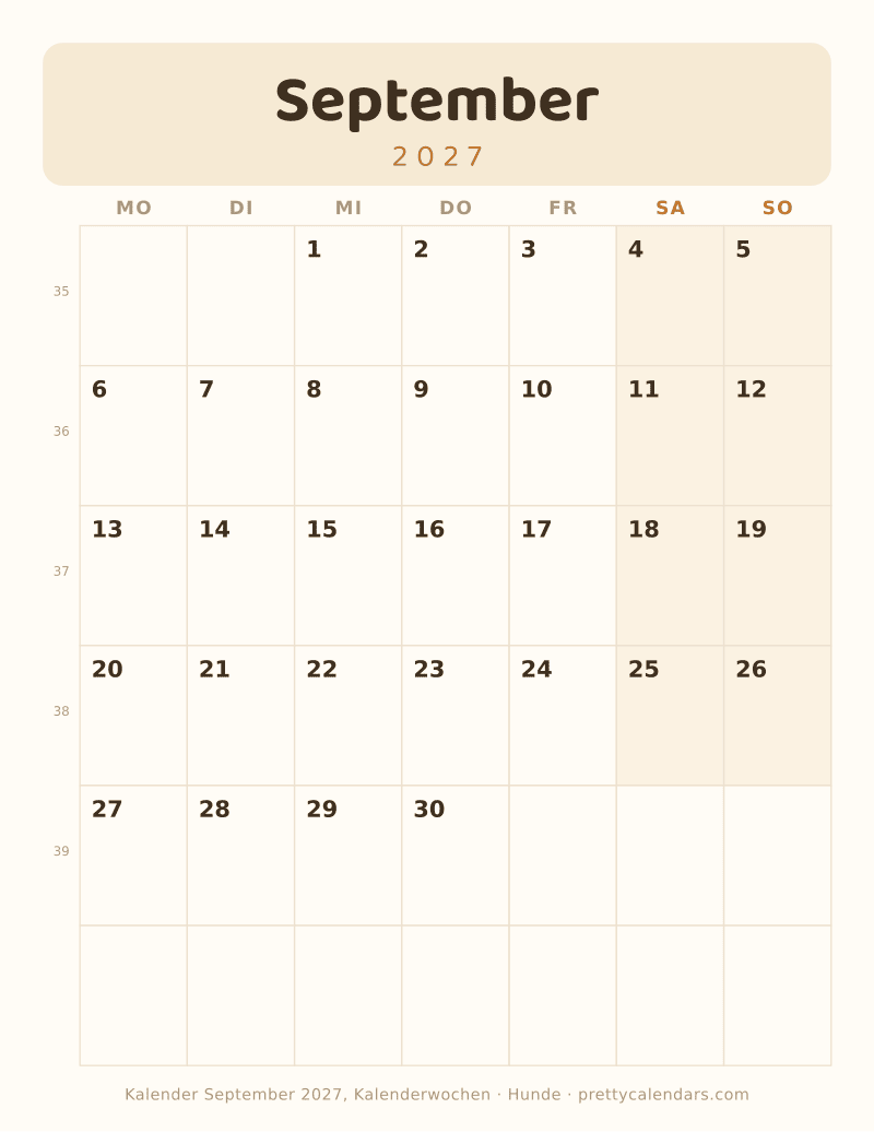 September 2027 mit Kalenderwochen