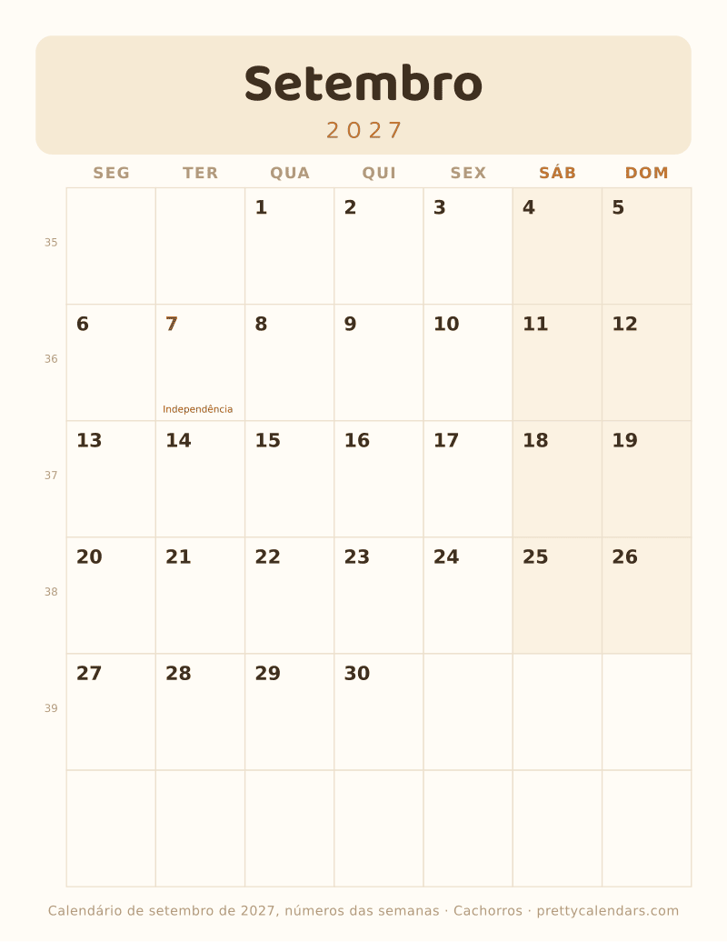 Setembro 2027 com números das semanas