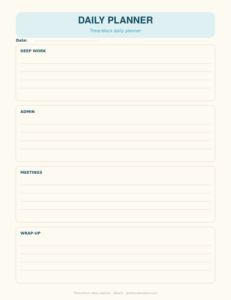 Time-block daily planner printable, Beach