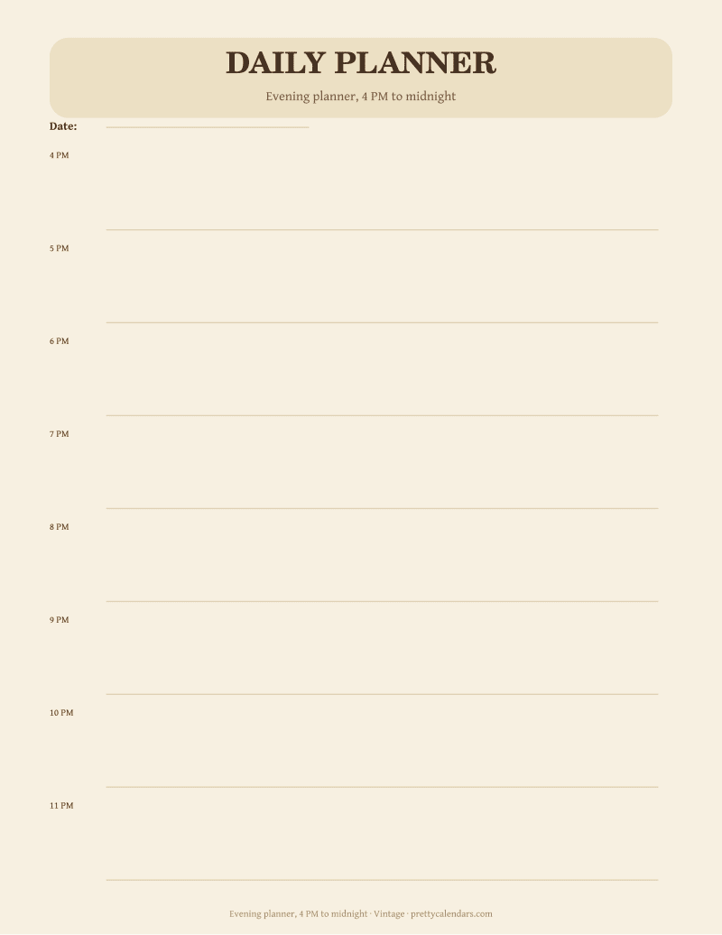 Evening planner, 4 PM to midnight printable, Vintage