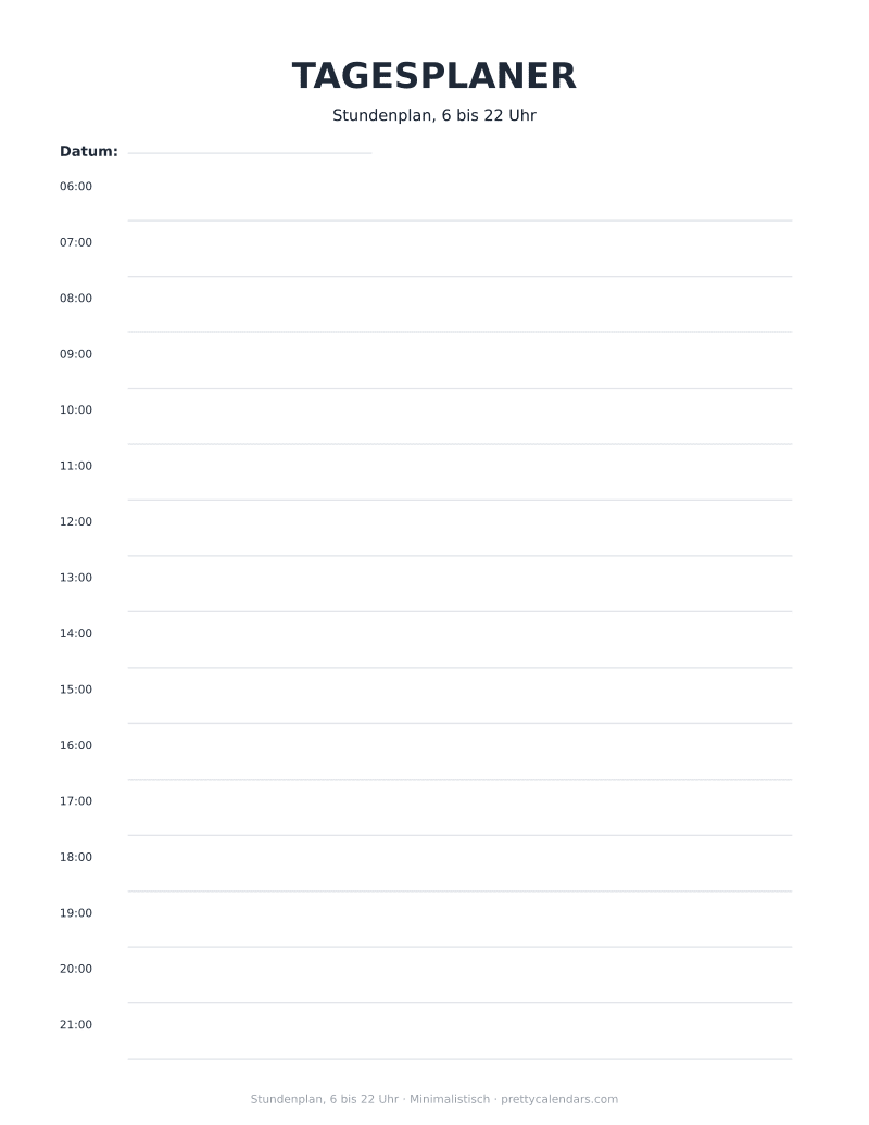 Stundenplan, 6 bis 22 Uhr zum Ausdrucken, Design Minimalistisch