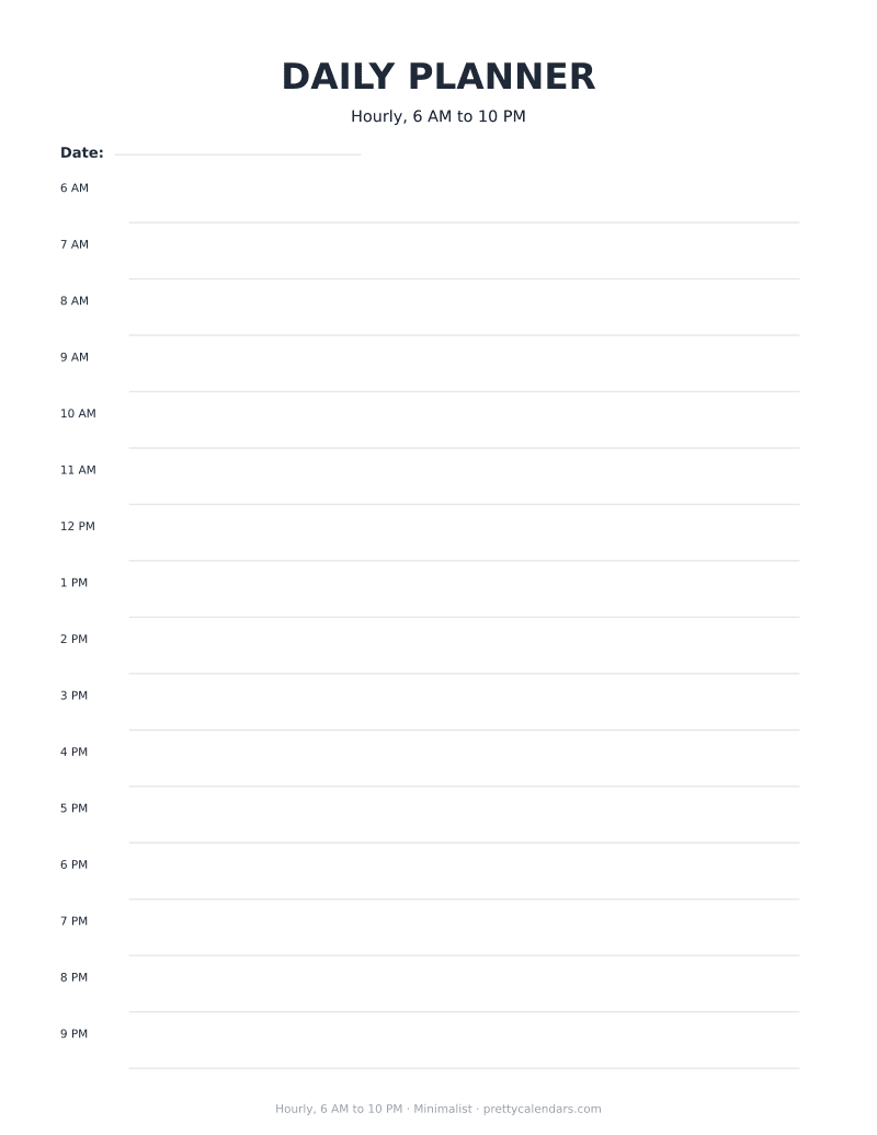 Hourly, 6 AM to 10 PM printable, Minimalist