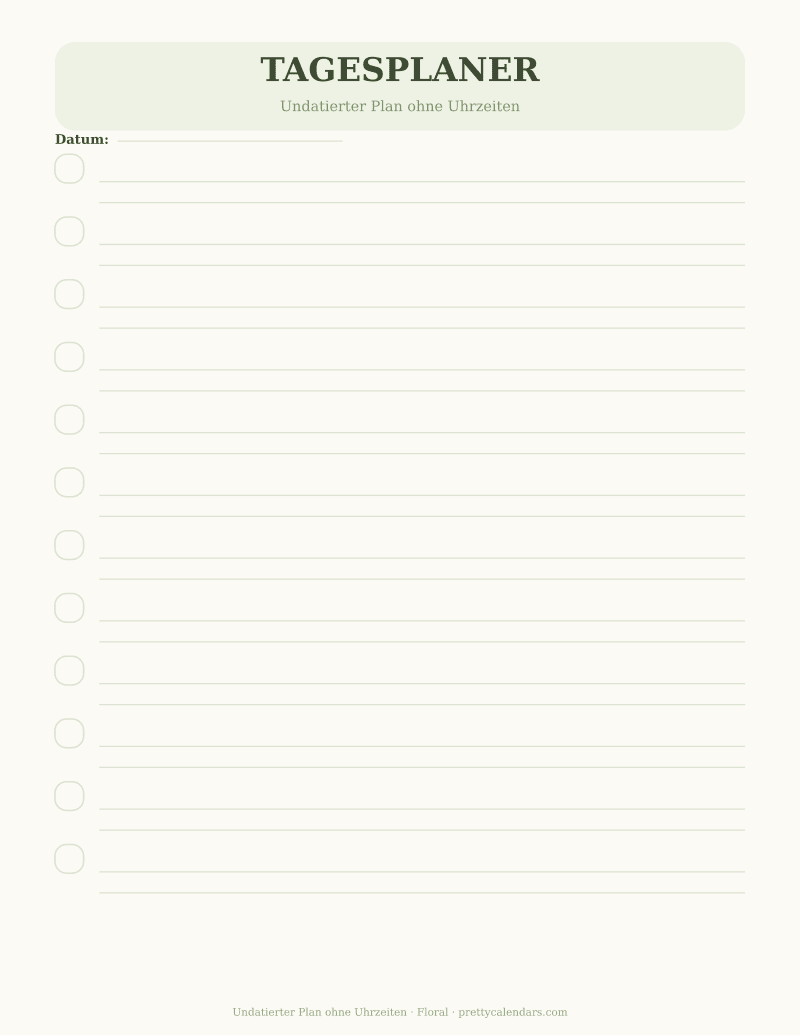 Undatierter Plan ohne Uhrzeiten zum Ausdrucken, Design Floral
