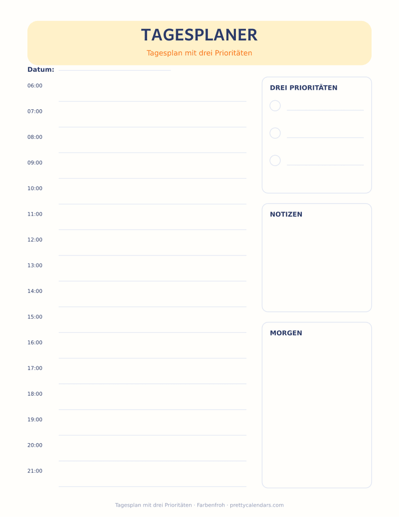 Tagesplan mit drei Prioritäten zum Ausdrucken, Design Farbenfroh