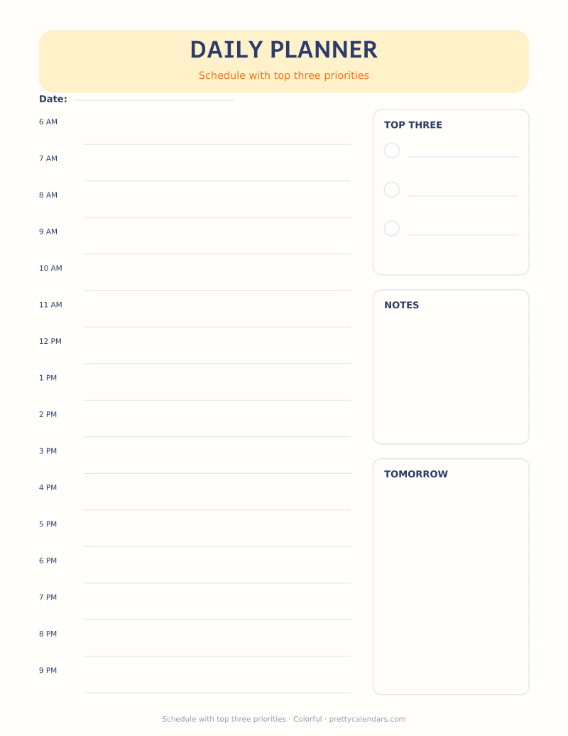 Schedule with top three priorities printable, Colorful