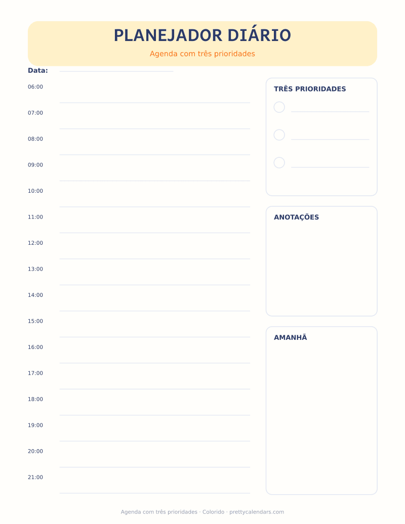 Agenda com três prioridades para imprimir, estilo Colorido