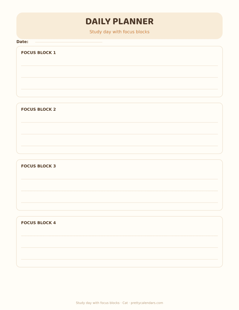 Study day with focus blocks printable, Cat