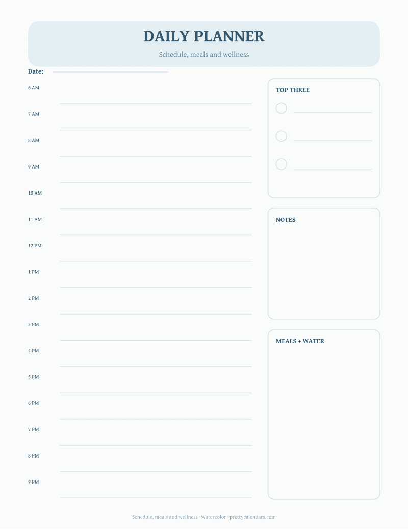 Schedule, meals and wellness printable, Watercolor