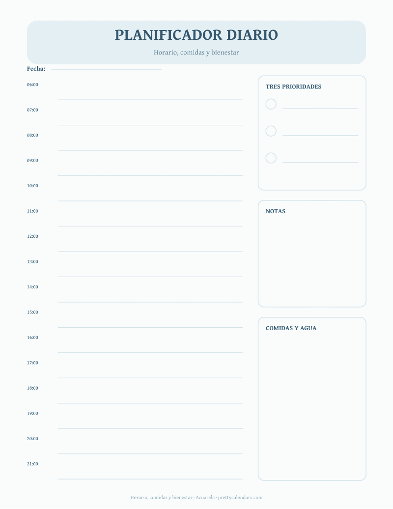Horario, comidas y bienestar para imprimir, diseño Acuarela