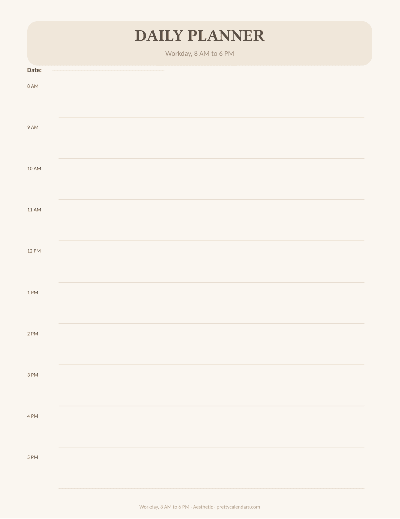 Workday, 8 AM to 6 PM printable, Aesthetic