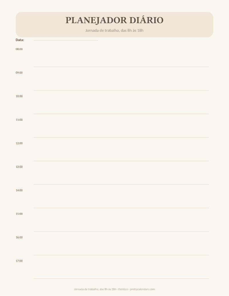 Jornada de trabalho, das 8h às 18h para imprimir, estilo Estético