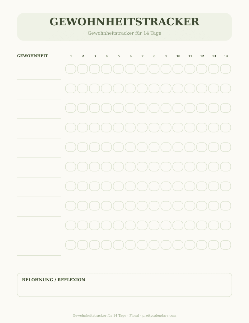 Gewohnheitstracker für 14 Tage zum Ausdrucken, Design Floral