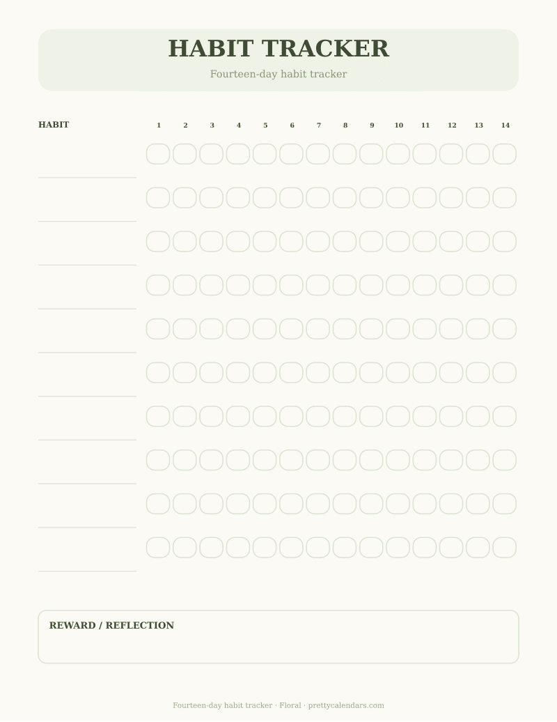Fourteen-day habit tracker printable, Floral