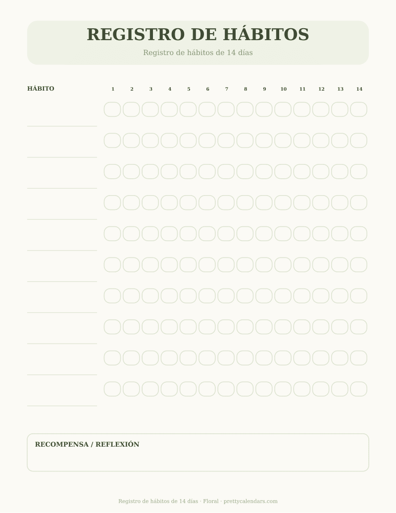Registro de hábitos de 14 días para imprimir, diseño Floral