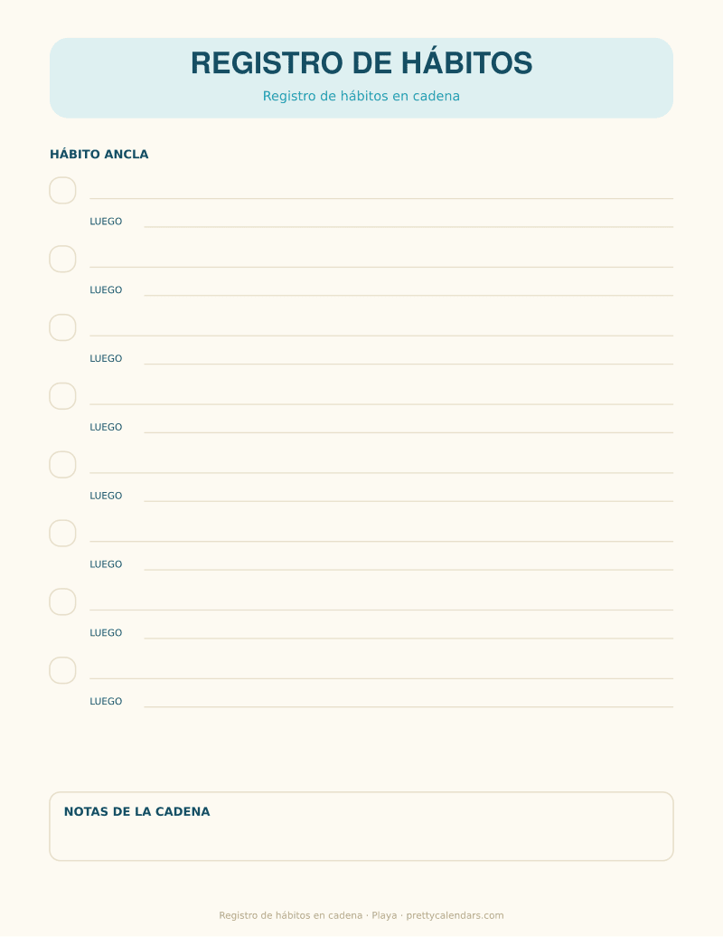 Registro de hábitos en cadena para imprimir, diseño Playa