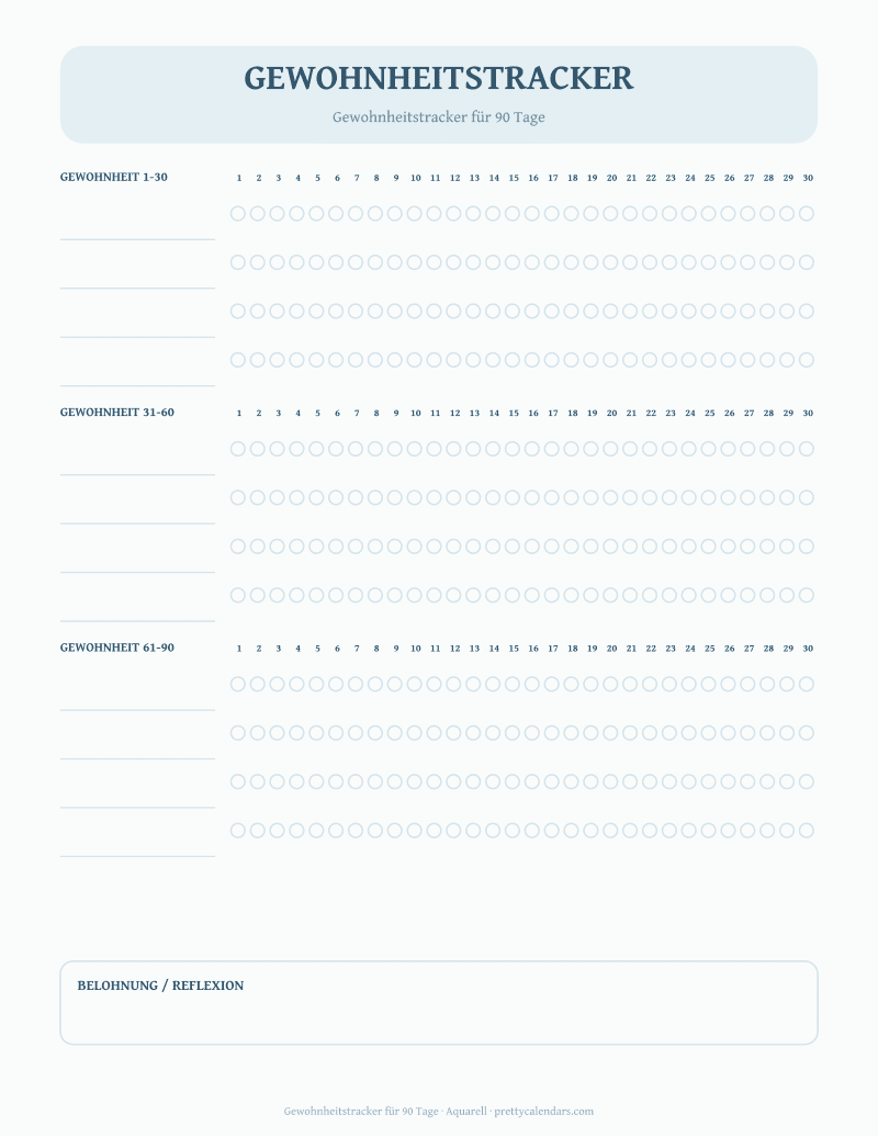 Gewohnheitstracker für 90 Tage zum Ausdrucken, Design Aquarell