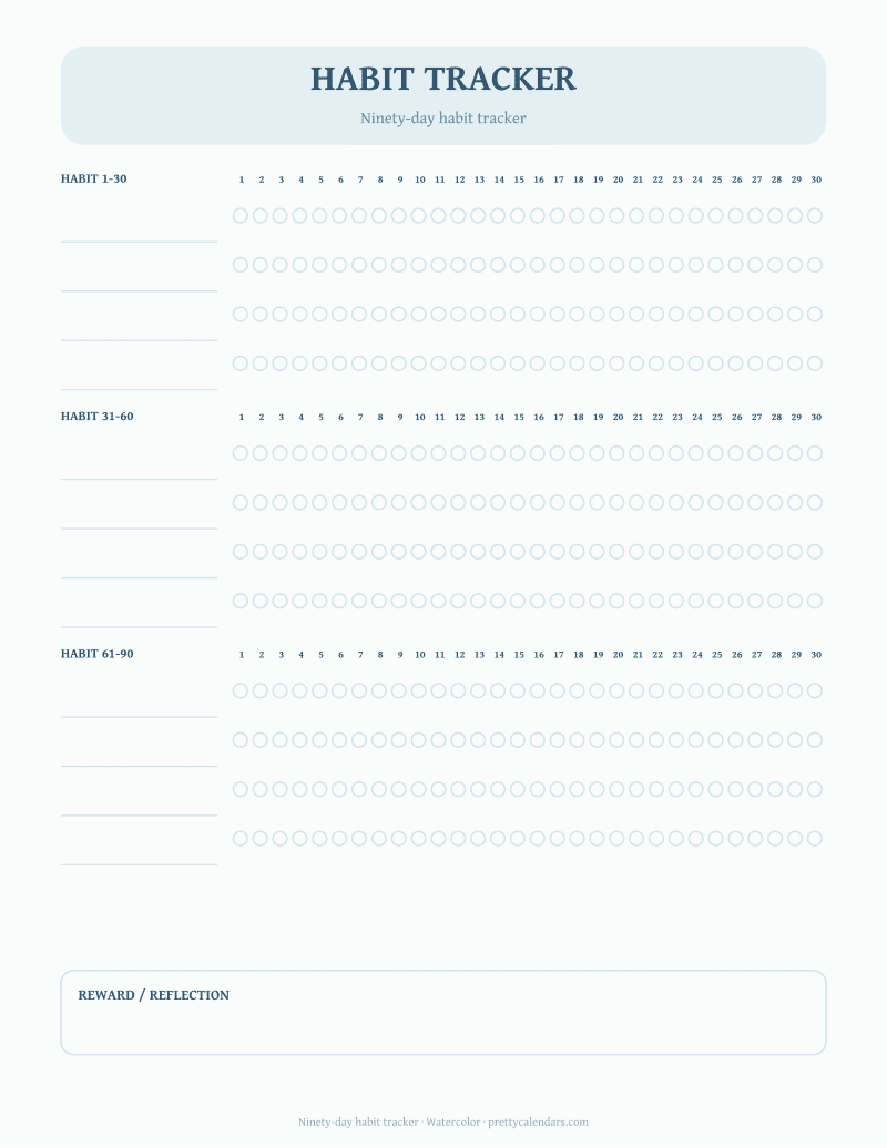 Ninety-day habit tracker printable, Watercolor