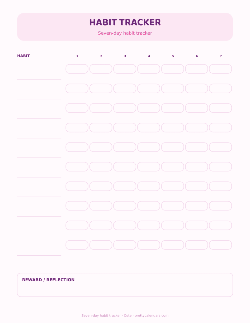 Seven-day habit tracker printable, Cute