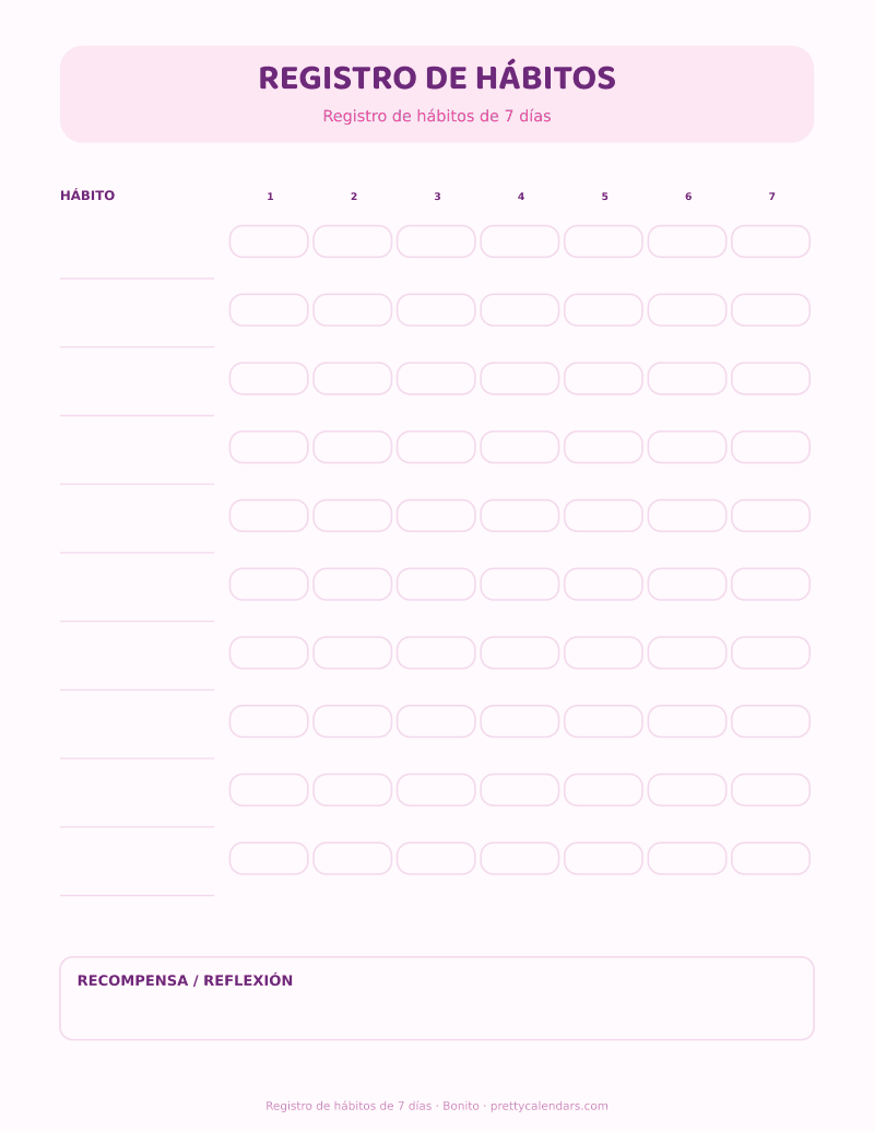 Registro de hábitos de 7 días para imprimir, diseño Bonito